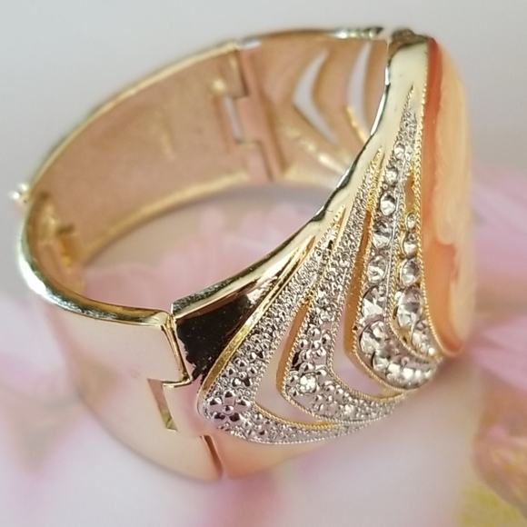 Amedeo Cameo Rhinestone Gold Tone Cuff Bracelet - Picture 6 of 16